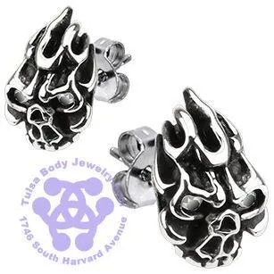 Flaming Skull Stainless Stud Earrings Tulsa Body Jewelry Earrings