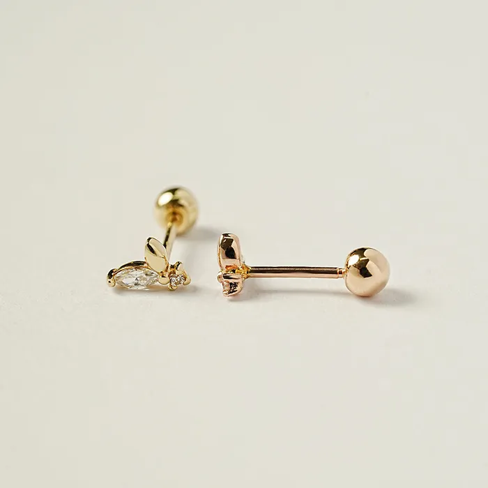 MinimalBijoux Earrings 14K Gold Mini Sprout CZ Cartilage Earring 20G18G16G