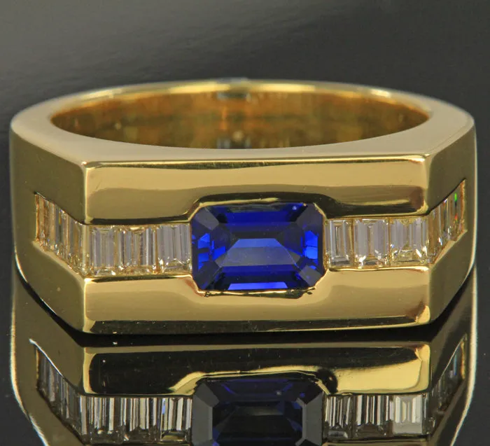 Moriartys Gem Art Rings 14K Yellow Gold Mens Emerald Cut Sapphire Diamond Ring