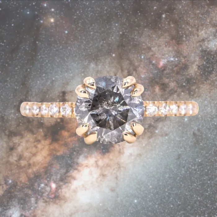 Naveet Rings 163ct Round Salt Pepper Diamond Double Claw Prong Solitaire with French Diamonds in 14k Yellow Gold Naveet Rings 163ct Round Salt Pepper Diamond Double Claw Prong Solitaire with French Diamonds in 14k Yellow Gold