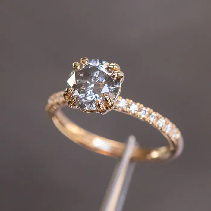 Naveet Rings 163ct Round Salt Pepper Diamond Double Claw Prong Solitaire with French Diamonds in 14k Yellow Gold