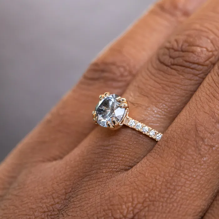 Naveet Rings 163ct Round Salt Pepper Diamond Double Claw Prong Solitaire with French Diamonds in 14k Yellow Gold