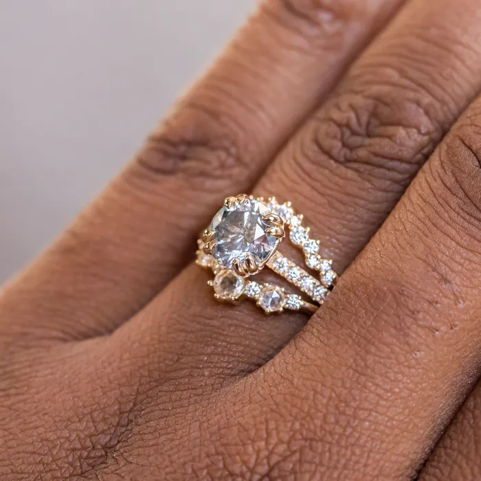 Naveet Rings 163ct Round Salt Pepper Diamond Double Claw Prong Solitaire with French Diamonds in 14k Yellow Gold