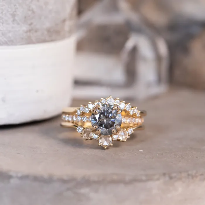 Naveet Rings 163ct Round Salt Pepper Diamond Double Claw Prong Solitaire with French Diamonds in 14k Yellow Gold