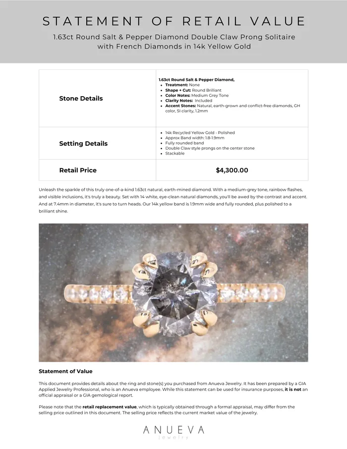 Naveet Rings 163ct Round Salt Pepper Diamond Double Claw Prong Solitaire with French Diamonds in 14k Yellow Gold