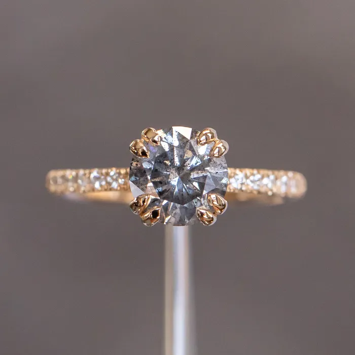 Naveet Rings 163ct Round Salt Pepper Diamond Double Claw Prong Solitaire with French Diamonds in 14k Yellow Gold