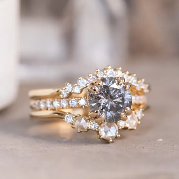 Naveet Rings 163ct Round Salt Pepper Diamond Double Claw Prong Solitaire with French Diamonds in 14k Yellow Gold