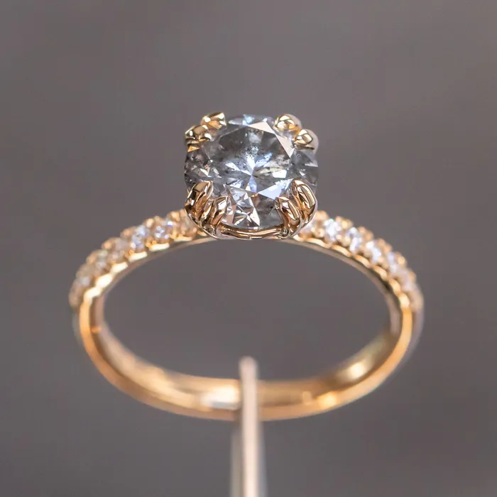 Naveet Rings 163ct Round Salt Pepper Diamond Double Claw Prong Solitaire with French Diamonds in 14k Yellow Gold