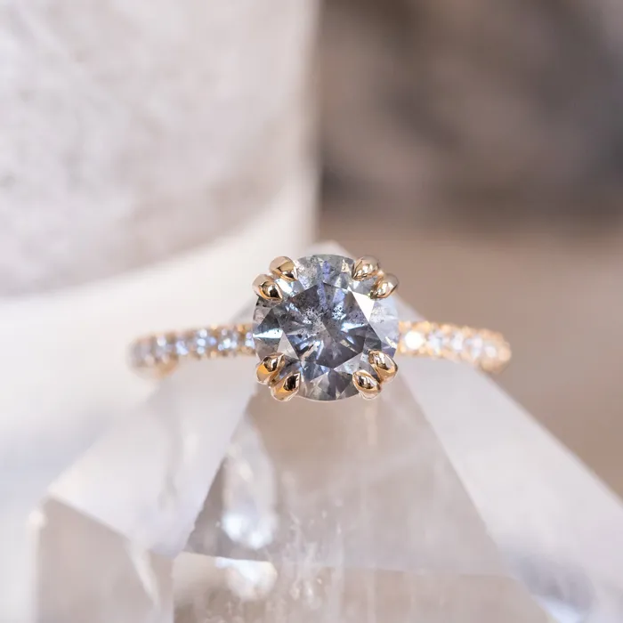 Naveet Rings 163ct Round Salt Pepper Diamond Double Claw Prong Solitaire with French Diamonds in 14k Yellow Gold