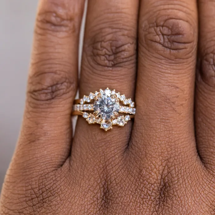 Naveet Rings 163ct Round Salt Pepper Diamond Double Claw Prong Solitaire with French Diamonds in 14k Yellow Gold
