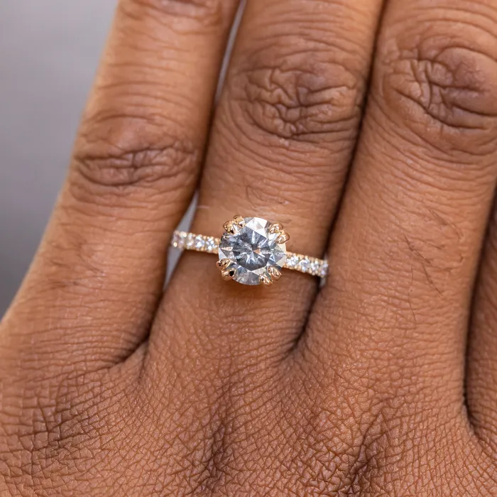 Naveet Rings 163ct Round Salt Pepper Diamond Double Claw Prong Solitaire with French Diamonds in 14k Yellow Gold