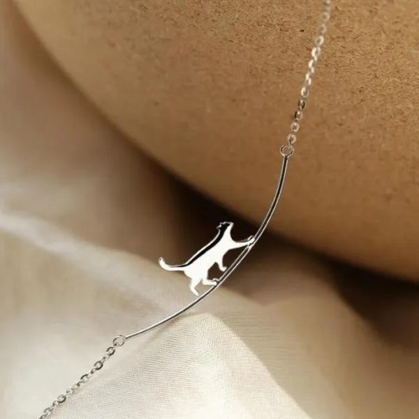 Necklaces CatCurio Pet Store Walking Cat Curved Silver Necklace