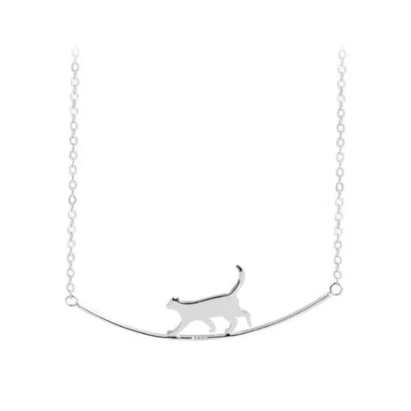 Necklaces CatCurio Pet Store Walking Cat Curved Silver Necklace