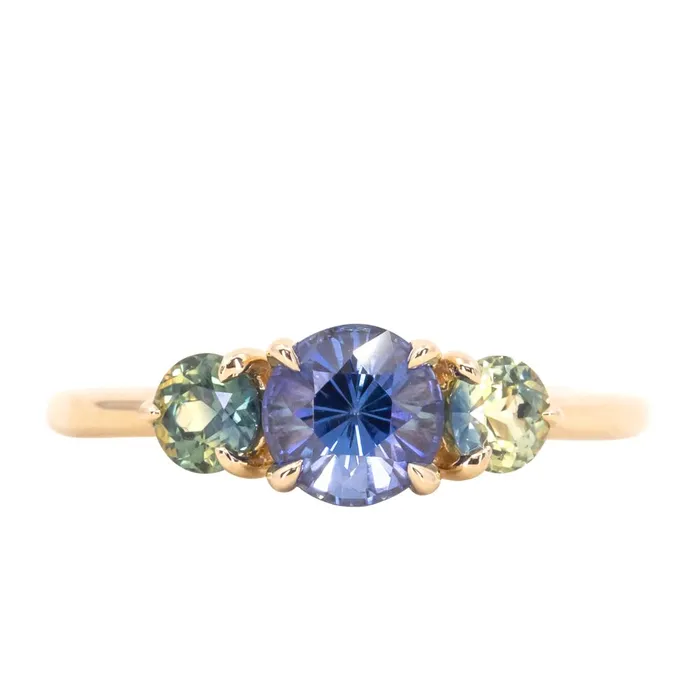 Rings 107ct Round Ceylon Sapphire and 38MM Round Sapphires Three Stone Ring in 14K Yellow Gold Discovery Gems Rings 107ct Round Ceylon Sapphire and 38MM Round Sapphires Three Stone Ring in 14K Yellow Gold Discovery Gems