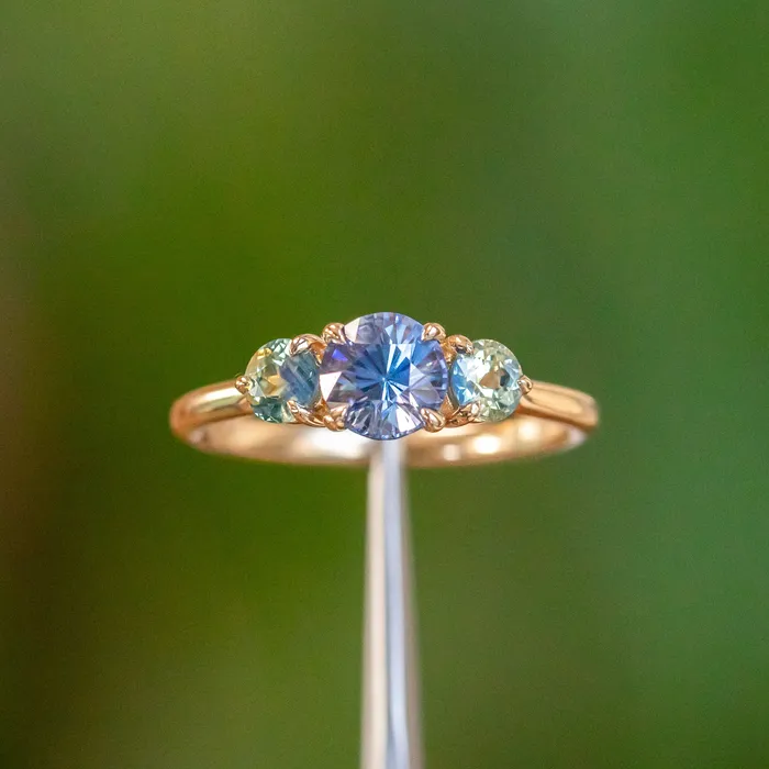 Rings 107ct Round Ceylon Sapphire and 38MM Round Sapphires Three Stone Ring in 14K Yellow Gold Discovery Gems