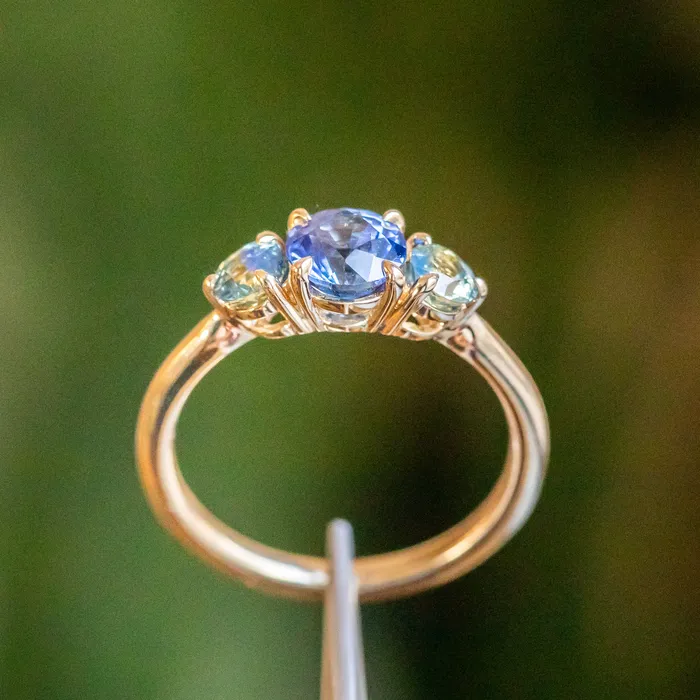 Rings 107ct Round Ceylon Sapphire and 38MM Round Sapphires Three Stone Ring in 14K Yellow Gold Discovery Gems