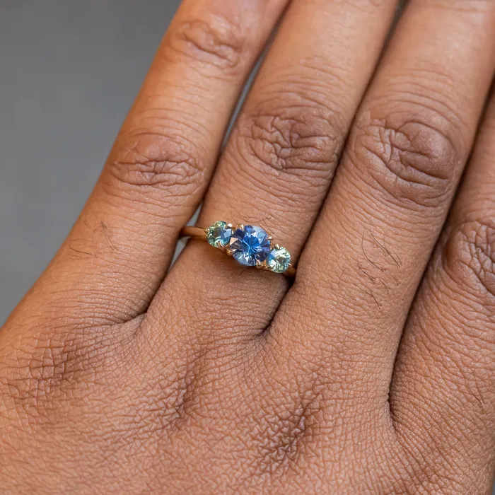 Rings 107ct Round Ceylon Sapphire and 38MM Round Sapphires Three Stone Ring in 14K Yellow Gold Discovery Gems