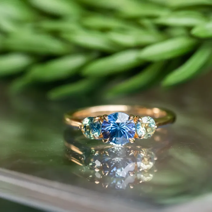 Rings 107ct Round Ceylon Sapphire and 38MM Round Sapphires Three Stone Ring in 14K Yellow Gold Discovery Gems
