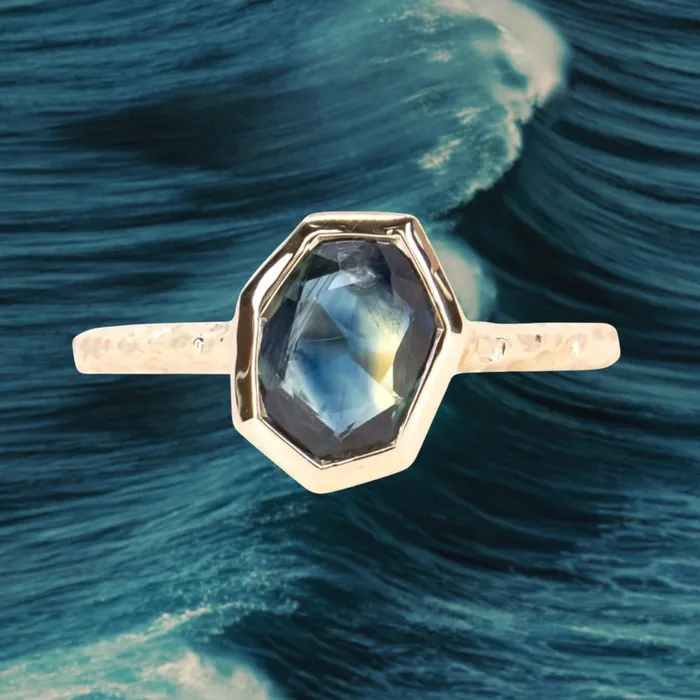 Rings 129ct Geo Slice Parti Blue Sapphire Evergreen Low Profile Bezel Solitaire Ring in 14k Yellow Gold Discovery Gems Rings 129ct Geo Slice Parti Blue Sapphire Evergreen Low Profile Bezel Solitaire Ring in 14k Yellow Gold Discovery Gems