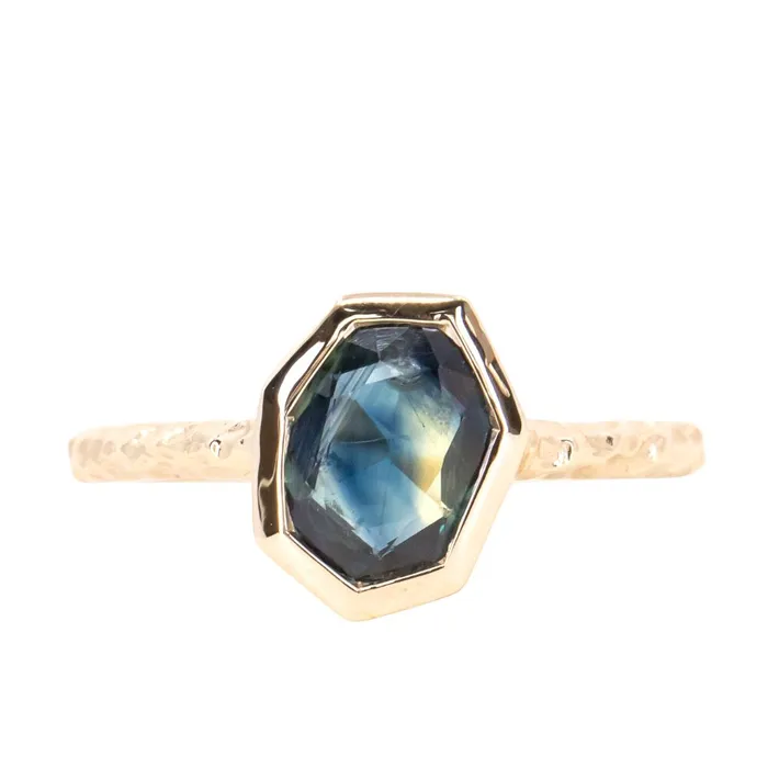 Rings 129ct Geo Slice Parti Blue Sapphire Evergreen Low Profile Bezel Solitaire Ring in 14k Yellow Gold Discovery Gems