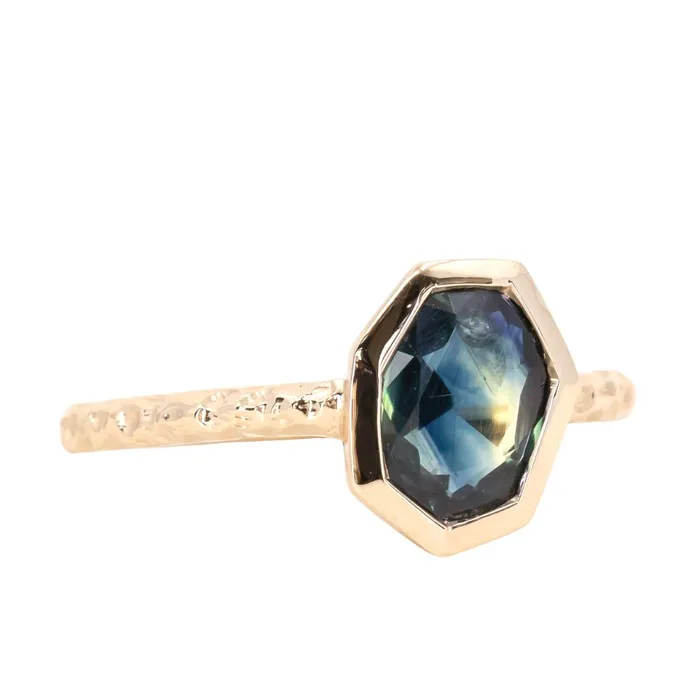 Rings 129ct Geo Slice Parti Blue Sapphire Evergreen Low Profile Bezel Solitaire Ring in 14k Yellow Gold Discovery Gems