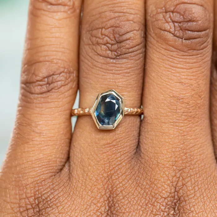 Rings 129ct Geo Slice Parti Blue Sapphire Evergreen Low Profile Bezel Solitaire Ring in 14k Yellow Gold Discovery Gems