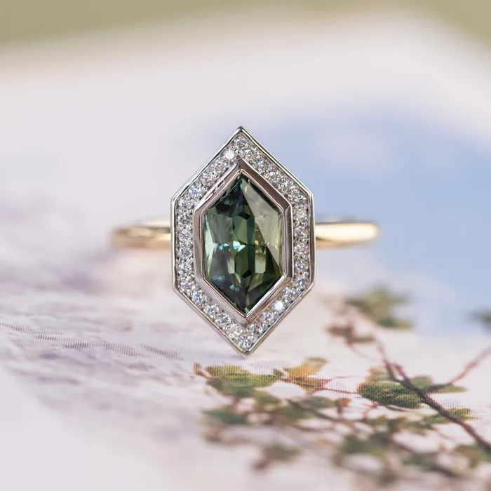 Rings 217ct Elongated Madagascar Teal Green Sapphire Bezel Set Diamond Halo Ring in Twotone Platinum and Yellow Gold Anueva Jewelry