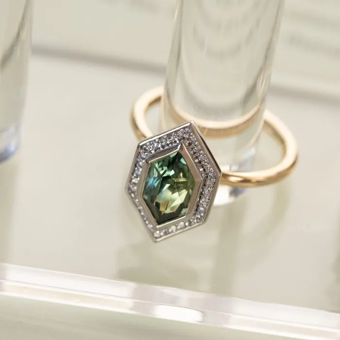 Rings 217ct Elongated Madagascar Teal Green Sapphire Bezel Set Diamond Halo Ring in Twotone Platinum and Yellow Gold Anueva Jewelry