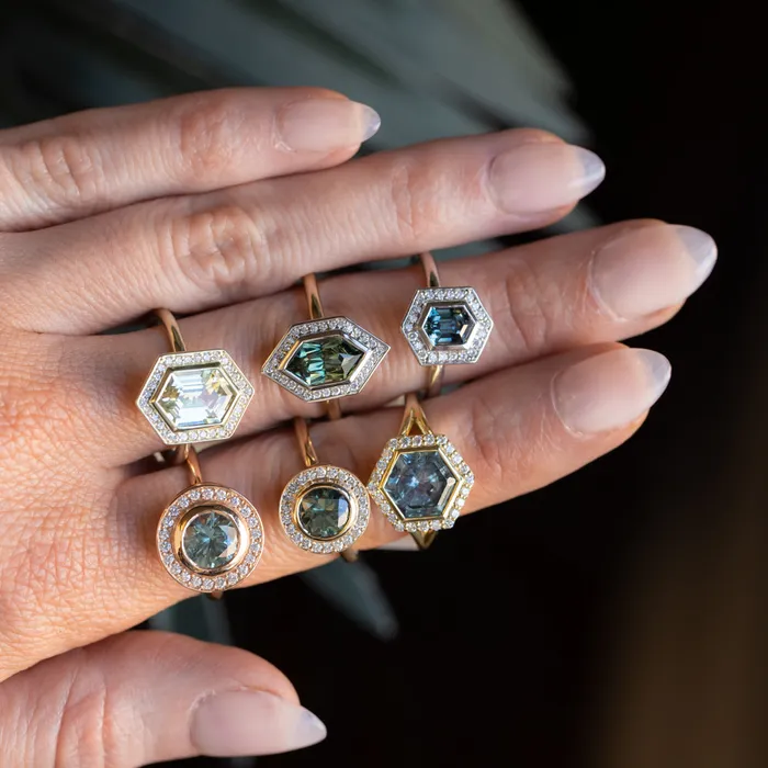 Rings 217ct Elongated Madagascar Teal Green Sapphire Bezel Set Diamond Halo Ring in Twotone Platinum and Yellow Gold Anueva Jewelry