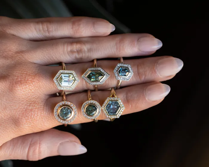 Rings 217ct Elongated Madagascar Teal Green Sapphire Bezel Set Diamond Halo Ring in Twotone Platinum and Yellow Gold Anueva Jewelry