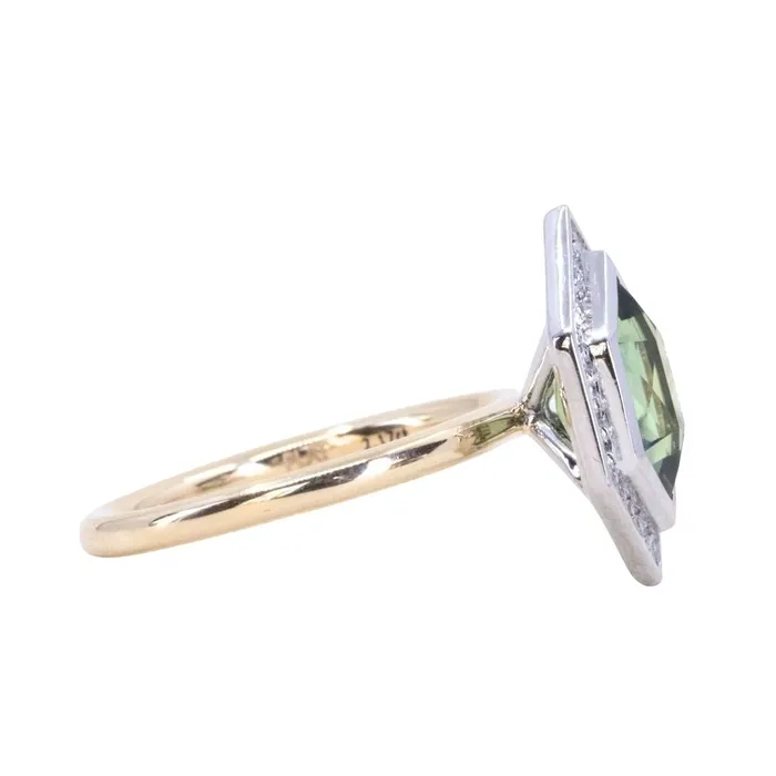 Rings 217ct Elongated Madagascar Teal Green Sapphire Bezel Set Diamond Halo Ring in Twotone Platinum and Yellow Gold Anueva Jewelry