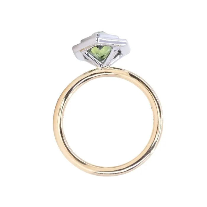 Rings 217ct Elongated Madagascar Teal Green Sapphire Bezel Set Diamond Halo Ring in Twotone Platinum and Yellow Gold Anueva Jewelry