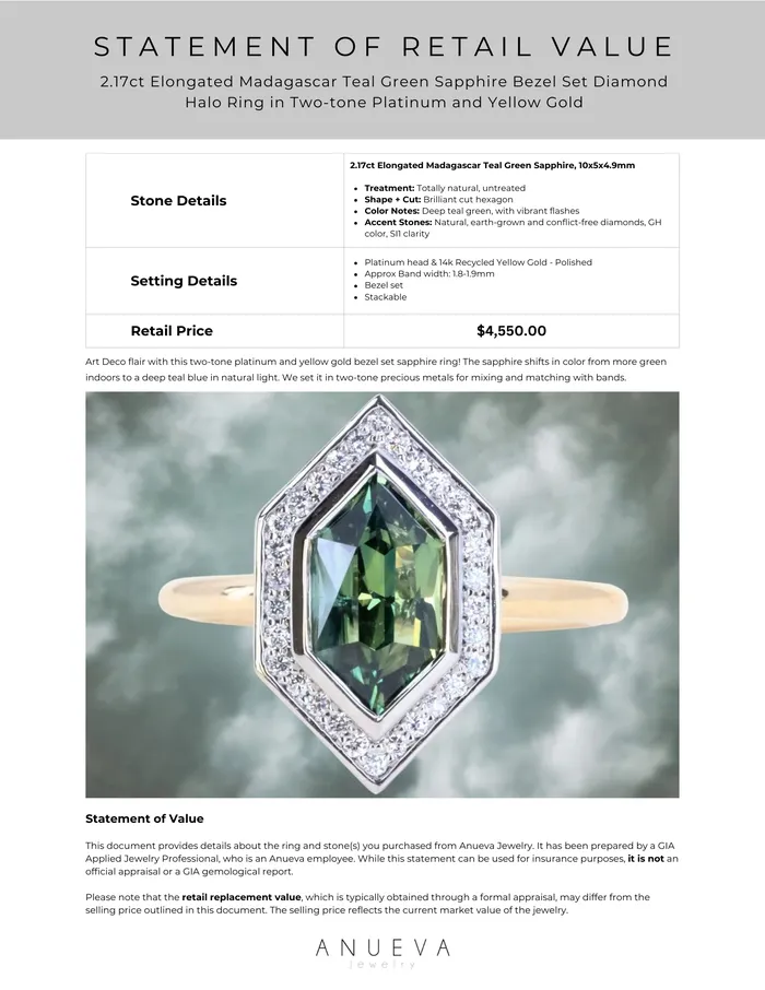 Rings 217ct Elongated Madagascar Teal Green Sapphire Bezel Set Diamond Halo Ring in Twotone Platinum and Yellow Gold Anueva Jewelry