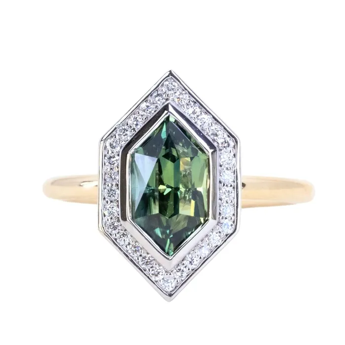 Rings 217ct Elongated Madagascar Teal Green Sapphire Bezel Set Diamond Halo Ring in Twotone Platinum and Yellow Gold Anueva Jewelry