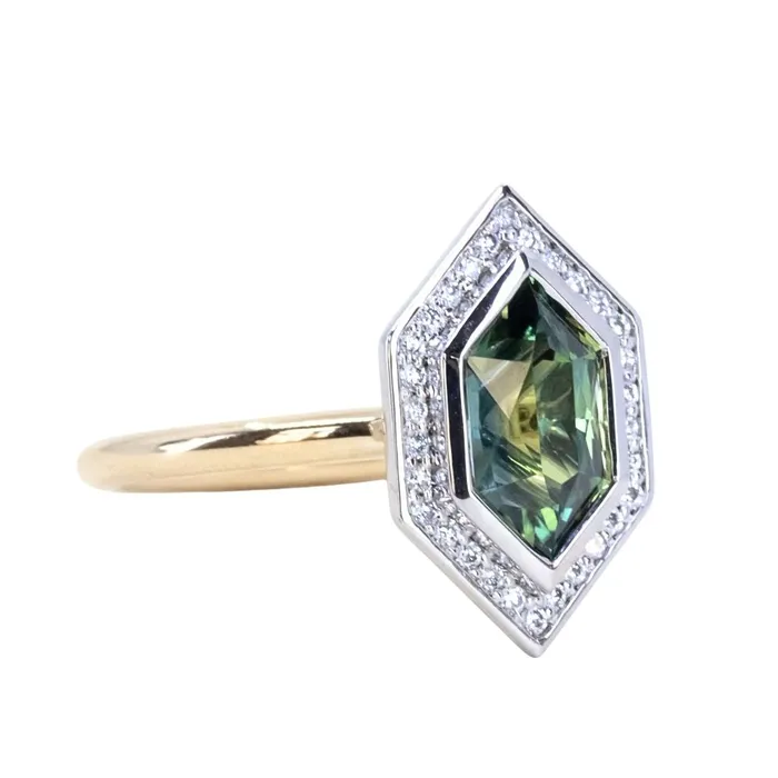 Rings 217ct Elongated Madagascar Teal Green Sapphire Bezel Set Diamond Halo Ring in Twotone Platinum and Yellow Gold Anueva Jewelry