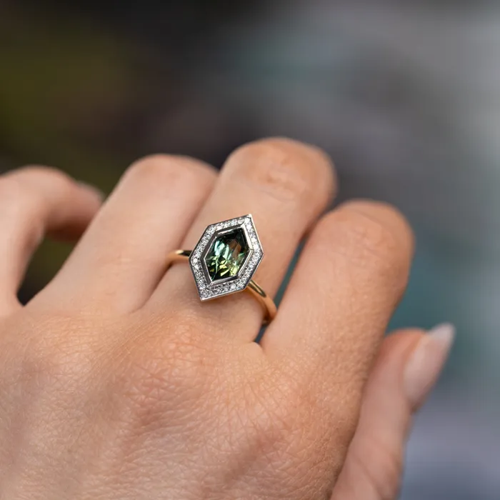 Rings 217ct Elongated Madagascar Teal Green Sapphire Bezel Set Diamond Halo Ring in Twotone Platinum and Yellow Gold Anueva Jewelry