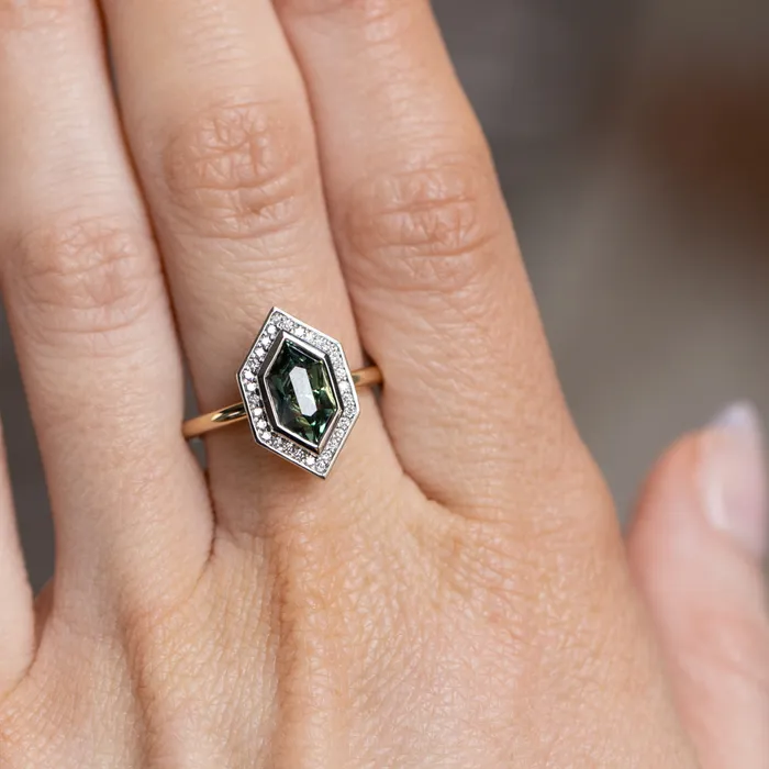 Rings 217ct Elongated Madagascar Teal Green Sapphire Bezel Set Diamond Halo Ring in Twotone Platinum and Yellow Gold Anueva Jewelry