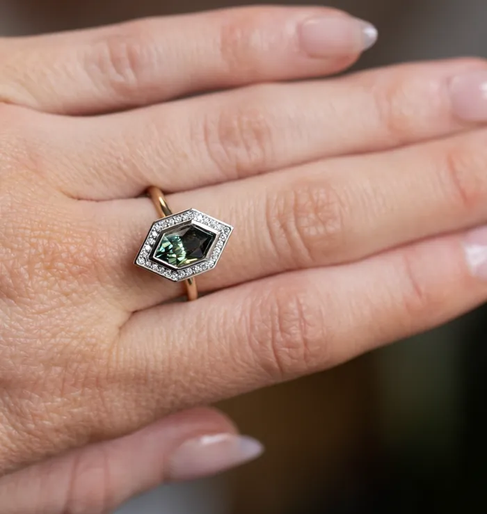 Rings 217ct Elongated Madagascar Teal Green Sapphire Bezel Set Diamond Halo Ring in Twotone Platinum and Yellow Gold Anueva Jewelry