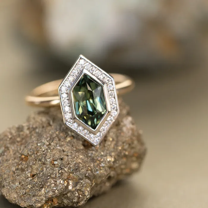 Rings 217ct Elongated Madagascar Teal Green Sapphire Bezel Set Diamond Halo Ring in Twotone Platinum and Yellow Gold Anueva Jewelry