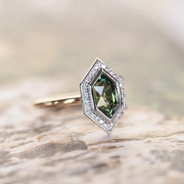 Rings 217ct Elongated Madagascar Teal Green Sapphire Bezel Set Diamond Halo Ring in Twotone Platinum and Yellow Gold Anueva Jewelry