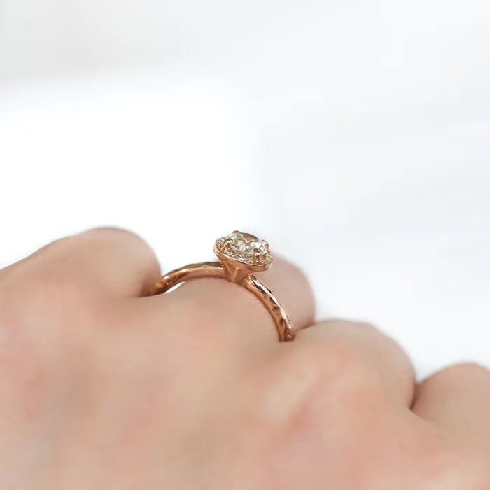 Rings Anueva Jewelry 060ct Old European Cut Antique Diamond in Rose Gold Halo and Evergreen Band