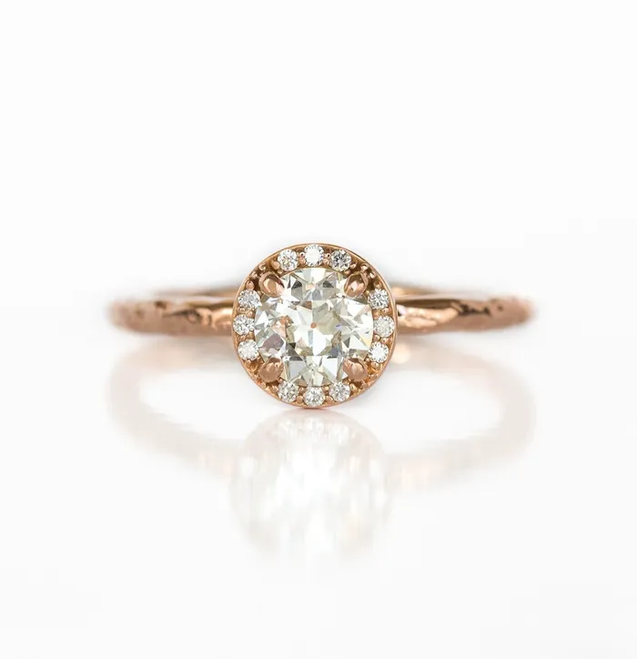 Rings Anueva Jewelry 060ct Old European Cut Antique Diamond in Rose Gold Halo and Evergreen Band