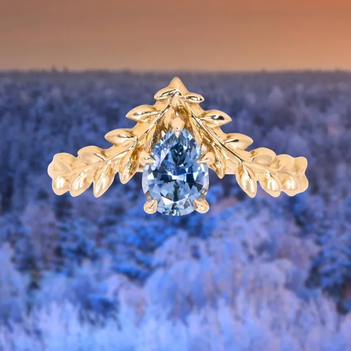 Rings Anueva Jewelry 085ct Blue Pear Sapphire Pointed Vine Prong Set Ring in 14k yellow gold Rings Anueva Jewelry 085ct Blue Pear Sapphire Pointed Vine Prong Set Ring in 14k yellow gold