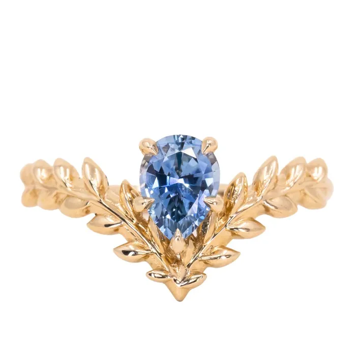 Rings Anueva Jewelry 085ct Blue Pear Sapphire Pointed Vine Prong Set Ring in 14k yellow gold