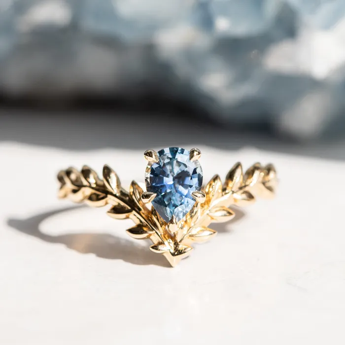 Rings Anueva Jewelry 085ct Blue Pear Sapphire Pointed Vine Prong Set Ring in 14k yellow gold