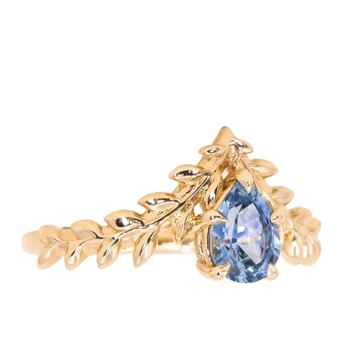 Rings Anueva Jewelry 085ct Blue Pear Sapphire Pointed Vine Prong Set Ring in 14k yellow gold