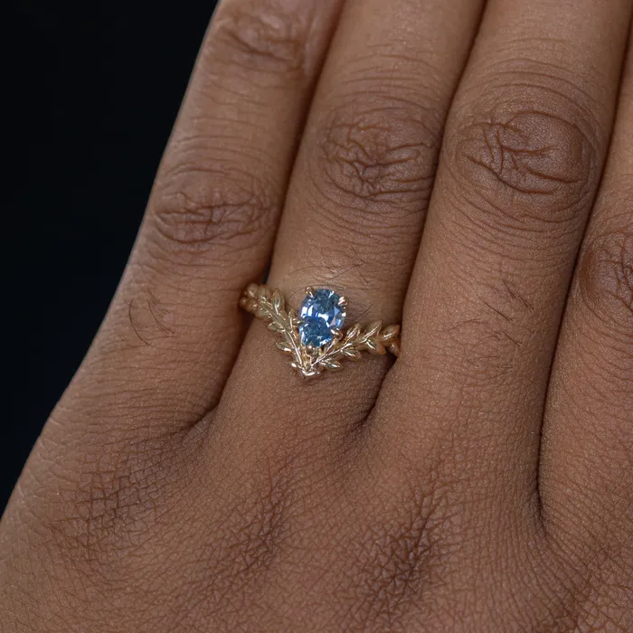 Rings Anueva Jewelry 085ct Blue Pear Sapphire Pointed Vine Prong Set Ring in 14k yellow gold