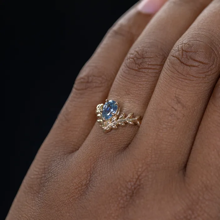 Rings Anueva Jewelry 085ct Blue Pear Sapphire Pointed Vine Prong Set Ring in 14k yellow gold
