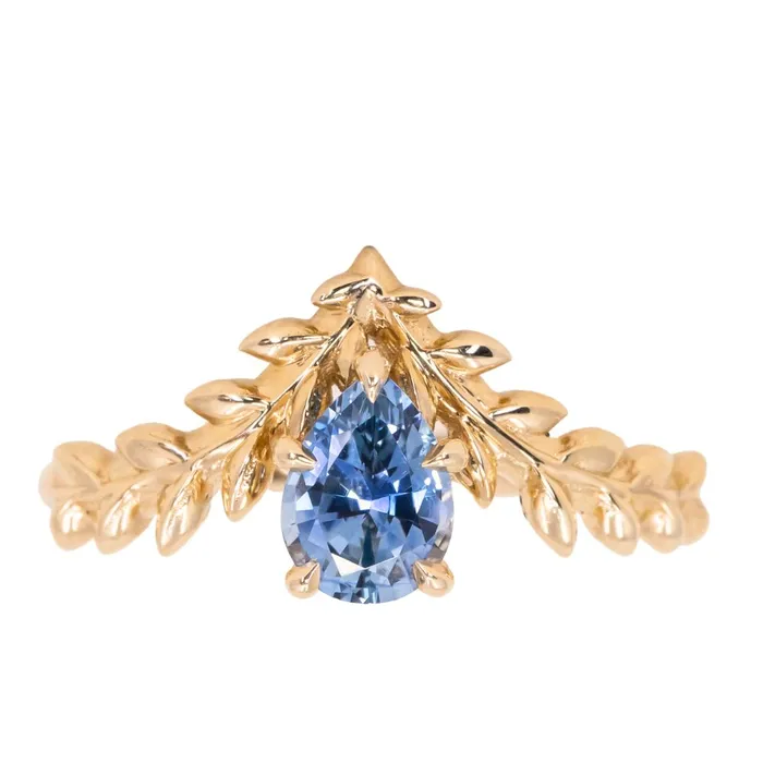 Rings Anueva Jewelry 085ct Blue Pear Sapphire Pointed Vine Prong Set Ring in 14k yellow gold