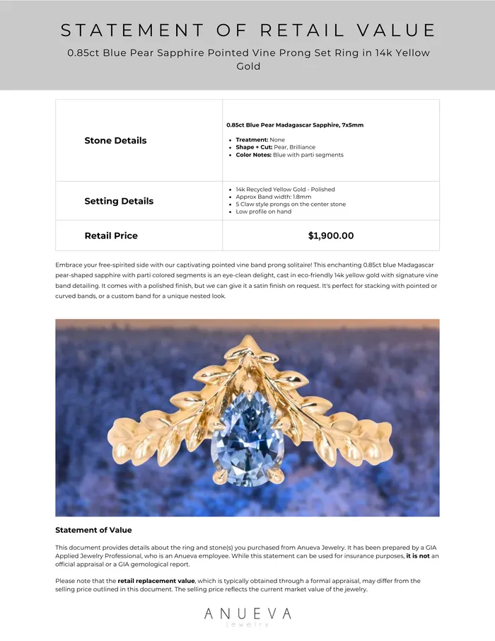 Rings Anueva Jewelry 085ct Blue Pear Sapphire Pointed Vine Prong Set Ring in 14k yellow gold